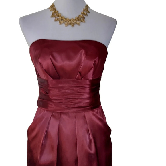 David's Bridal Burgundy Satiny Strapless Dress Ruched Waist and Pockets - Picture 2 of 16